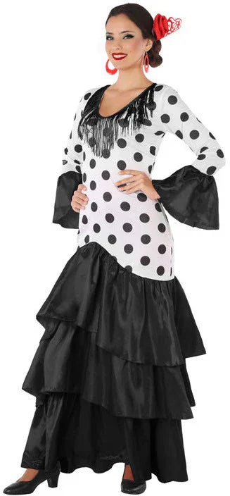 Disfraz de Flamenca Blanco con Volantes Negros para Mujer Sevillanas Atosa